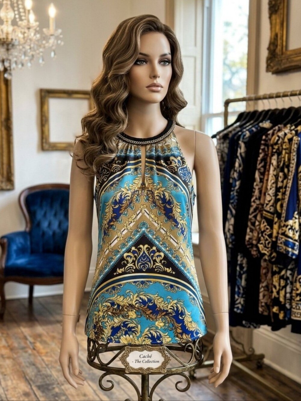 Vintage Caché Baroque Paisley Halter Top with Gold Chain Detail - XS